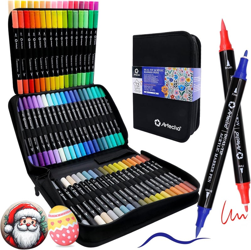 Artecho Acrylic Paint Markers 72 Colors with Bag, Acrylic Paint Pens with Brush Tip and Fine Tip for Stone, Rock Painting, Paper, Pumpkin, Wood, Egg, Canvas, Ceramic, Fabric, leather, Glass - Image 1